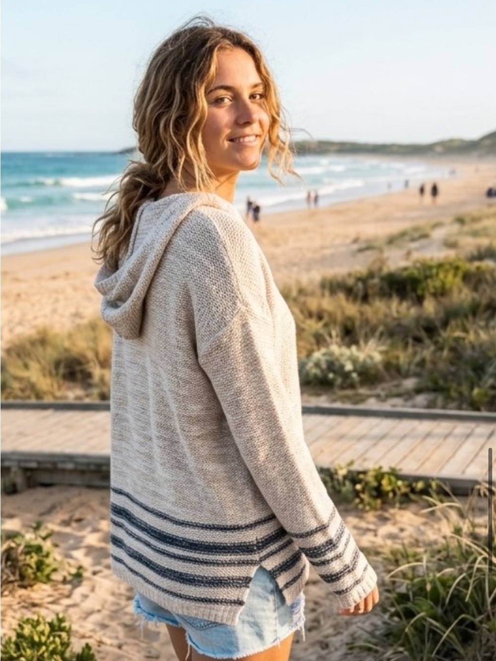 Roxy Cream Hooded Knit Sweater with Navy Stripes